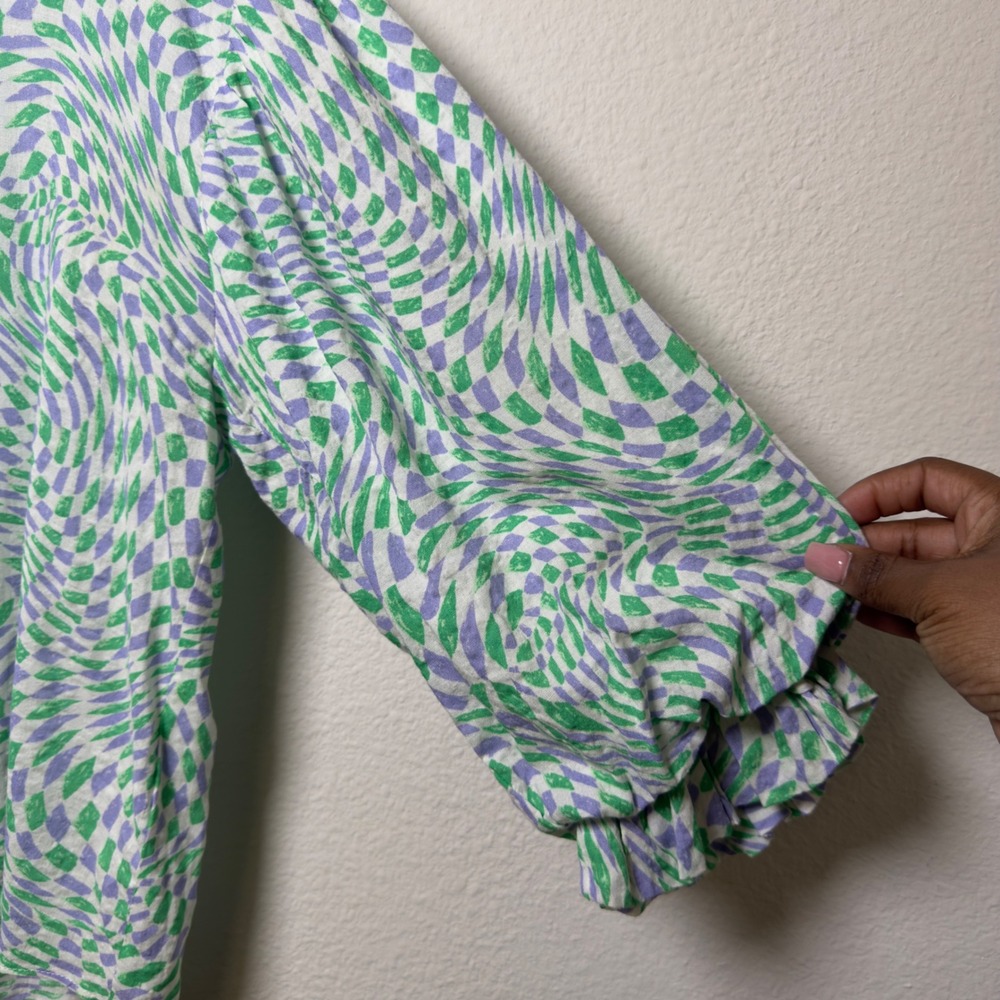 Karlie Women Cotton Too Small Green Geometric Balloon Sleeve Cottage Preppy - Picture 5 of 8